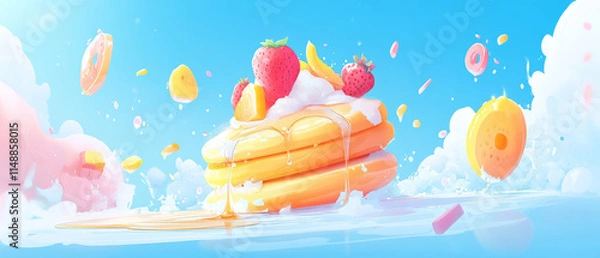 Fototapeta Whimsical pancakes topped with strawberries and fruits, floating in dreamy sky