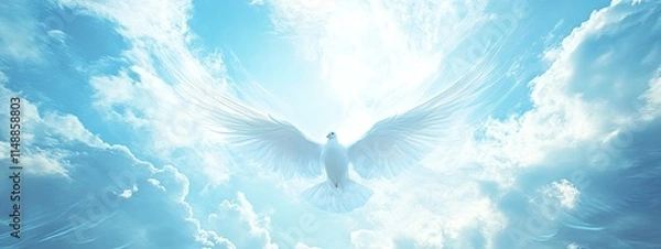 Obraz Image of a white dove spreading its wings and flying in the blue sky.