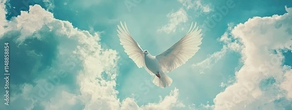 Obraz Image of a white dove spreading its wings and flying in the blue sky.