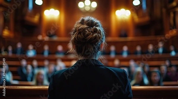 Obraz A photograph of a judge standing in front of a courtroom full of trial participants, representing law and justice.