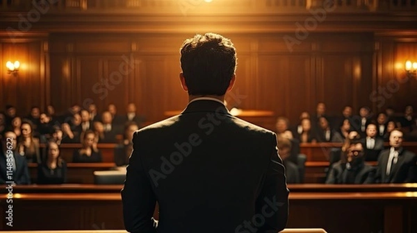 Obraz A photograph of a judge standing in front of a courtroom full of trial participants, representing law and justice.