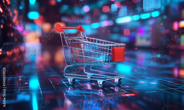 Fototapeta A futuristic shopping cart illuminated by neon lights, set against a vibrant digital backdrop, symbolizing online shopping and modern retail.