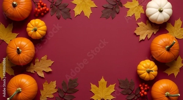 Fototapeta Flat lay featuring pumpkins and leaves on a colored paper background with copy space. Template for fall harvest, Thanksgiving, and Halloween invitation cards. Top view autumn arrangement.