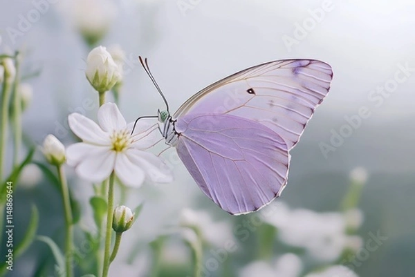 Fototapeta A butterfly with light purple wings hovering over a delicate white flower, the image capturing every tiny detail in ultra-high-definition clarity.