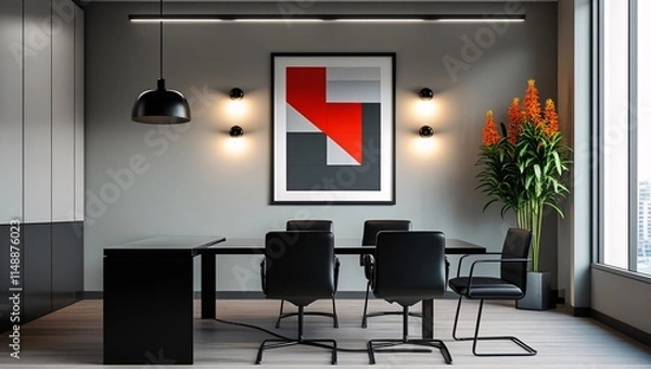 Fototapeta a modern, minimalist office interior with a focus on sleek design and functionality.