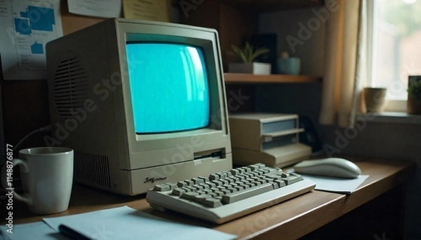 Fototapeta An old beige desktop computer with a large CRT monitor, a keyboard, and a speaker attached to the side.