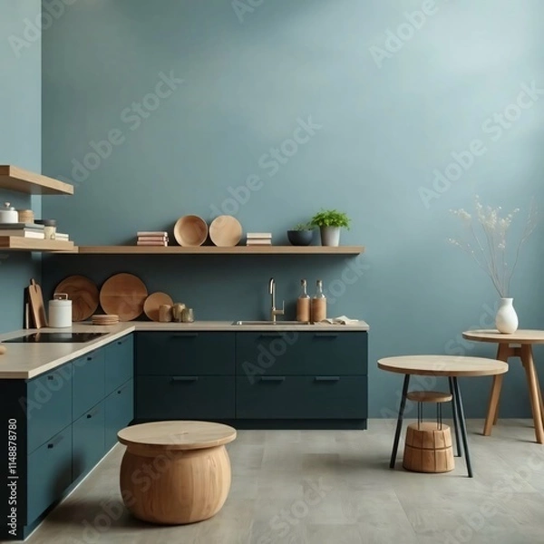 Obraz A cinematic, soft-focus image of a kitchen material mood board in neutral colors. Rich deep teal hues and a hazy background create a luxurious, vibrant atmosphere