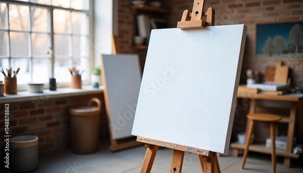 Fototapeta A blank white canvas on an easel in a studio setting, surrounded by art supplies and a blurred outdoor landscape in the background.