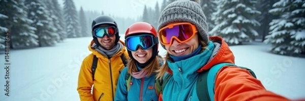 Fototapeta A joyful trio of friends captures a selfie in a snowy landscape, showcasing their colorful winter gear and smiles, perfect for winter sports promotions and travel campaigns.