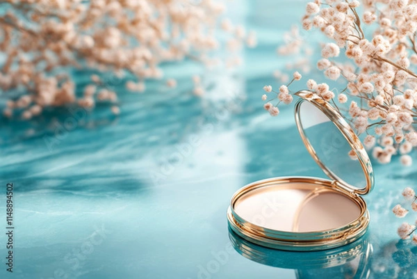 Fototapeta luxurious gold plated compact mirror rests on turquoise surface, surrounded by delicate flowers, creating elegant and serene atmosphere