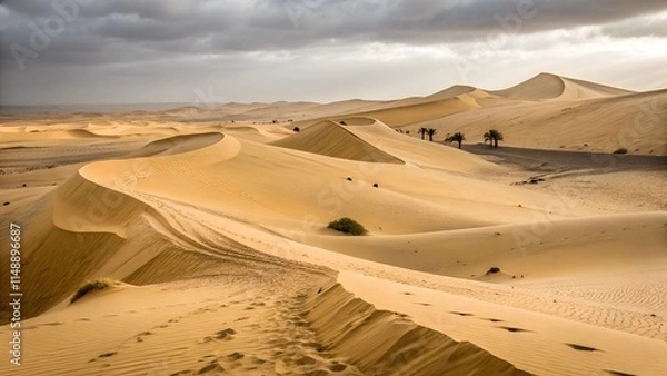 Obraz A vast desert landscape stretches across the horizon under a dramatic sky filled with dark clouds.