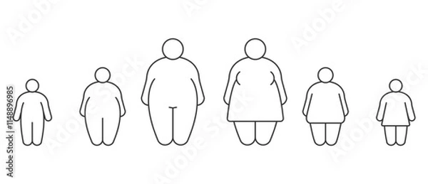 Fototapeta Body icons men, women, children, fat line icons. Fat figure and large family size. Fat and obese people body types fat line icon set. Image and size of people in body index mass vector illustration.
