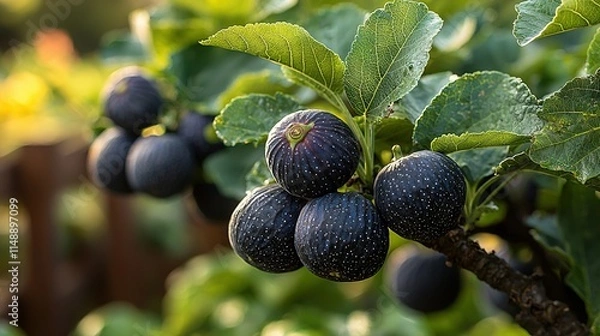 Fototapeta   A tree branch bearing multiple fruits is shown with close-up detail The image includes lush green foliage in the background and a fence
