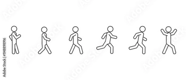 Fototapeta People walking and running icons, line icons in side view different postures. Standing, walking, running, Various action poses have been set in vector Illustrations on transparent background. Editable