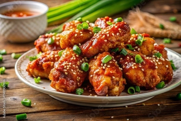 Fototapeta Crispy Fried Chicken Wings with Sweet and Sour Glaze, Sesame Seeds, and Green Onions