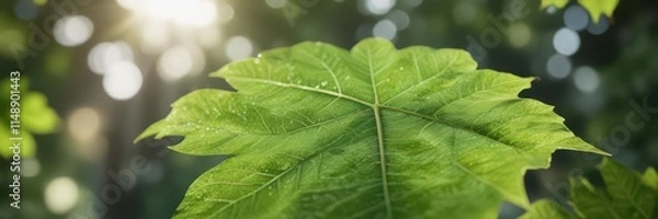 Fototapeta Close-up vibrant green leaf, sunlight dappled, photography, botanical, energy