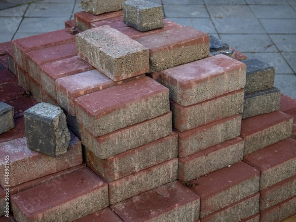 Fototapeta Block with paving stones on the street. Preparation for pavement repair