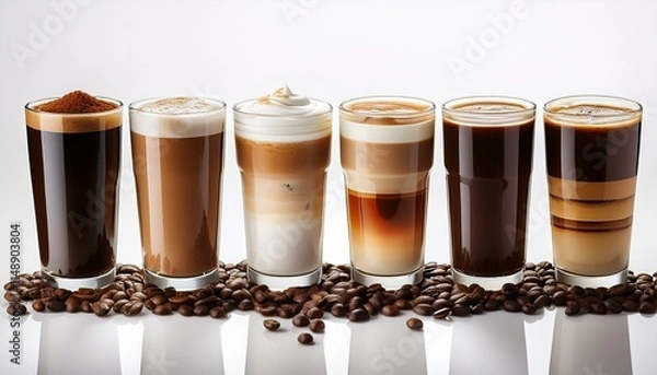 Obraz glasses with assorted coffee drinks on white background with coffee beans