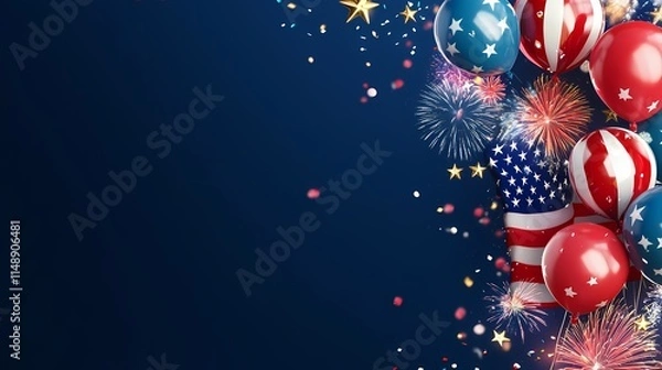Obraz Background featuring the American flag, balloons, and fireworks on the right side with copy space in the center for text