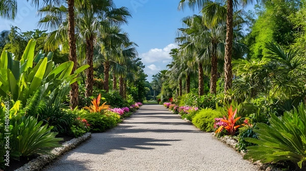 Obraz Florida Tropical Gravel Pathway with palm trees and vibrant flowers, serene outdoor trail