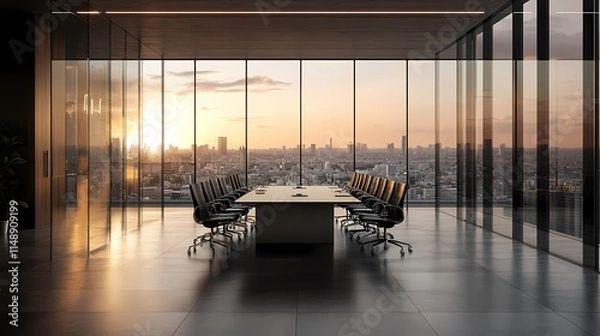 Fototapeta An empty modern boardroom with glass walls overlooking the city, surrounded by black office chairs around a table