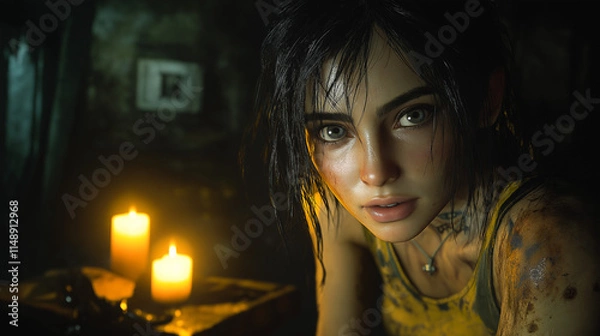 Fototapeta Resilient Woman in Candlelight: A close-up portrait of a young woman with a determined gaze, illuminated by the flickering light of candles in a dimly lit room, conveys resilience, courage.