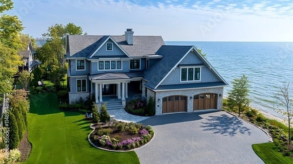 Obraz Aerial view of the exterior of a large luxury home with an attached garage on the Lake Michigan shore, in a scenic neighborhood with a driveway and landscaping