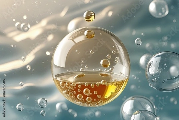Fototapeta Molcular Biology in Skincare Science: 3D Model of a Floating Bubble with Pure Essence Oil