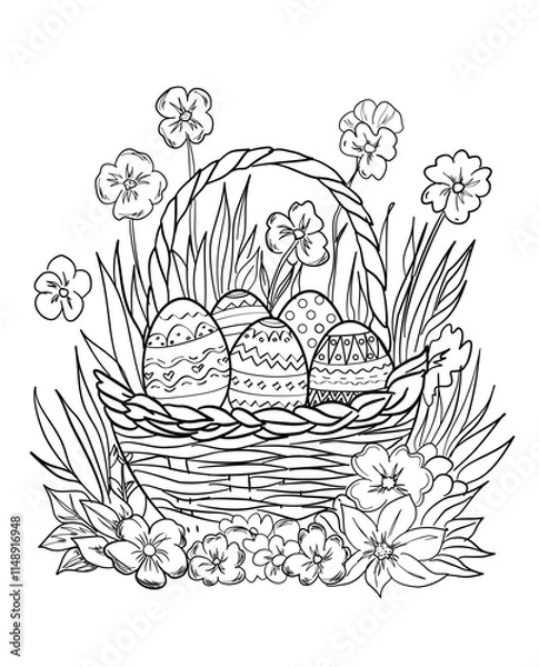 Obraz Easter basket with eggs and flowers, colouring book
