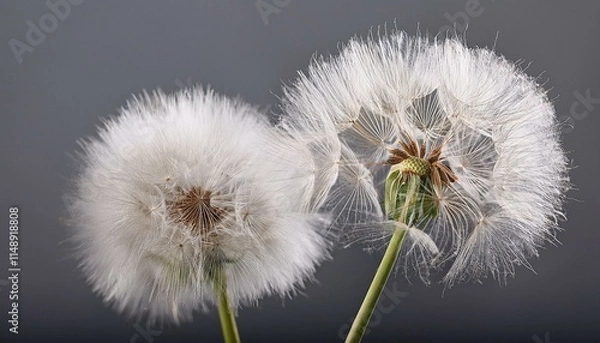 Fototapeta white fluffy dandelion flowers on gray background closeup