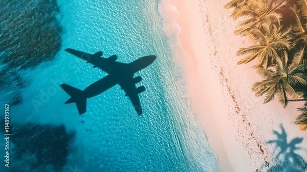 Obraz Aerial view of airplane shadow flying over a tropical beach with blue water and palm trees, travel concept banner