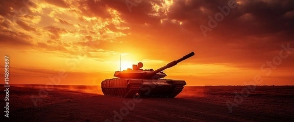 Fototapeta A tank silhouetted against a vibrant sunset, highlighting military presence.