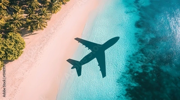 Obraz Aerial view of airplane shadow flying over a tropical beach with blue water and palm trees, travel concept banner
