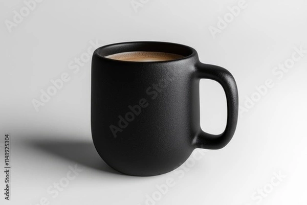 Obraz A black mug filled with coffee sits on a white background, showcasing a simple yet elegant design.