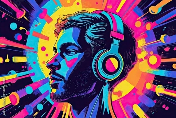 Fototapeta Colorful Music Artwork Featuring Headphones and Head in a Dynamic Soundscape