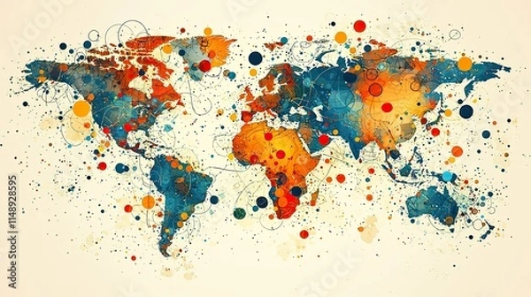 Fototapeta A colorful abstract world map with splashes and circles representing global diversity.