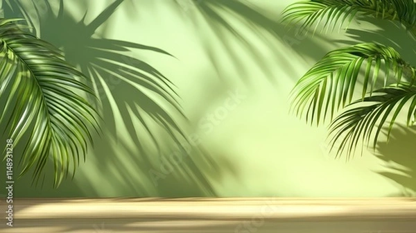 Fototapeta Abstract green background with shadow of palm leaves on the wall, empty table for product presentation