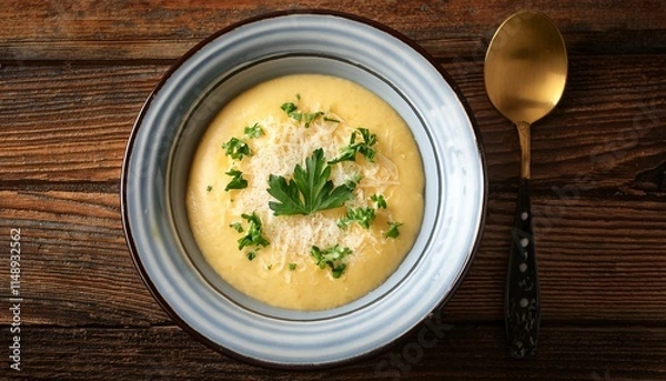 Obraz italian stracciatella egg drop soup with parmesan cheese and parsley in bowl on rustic wooden background