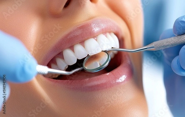 Fototapeta A dental professional examines a patient's teeth using a mirror and explorer, highlighting the significance of oral care practices