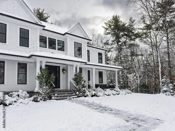 Fototapeta Snow covered suburban home - walkway and steps shoveled after an early winter snowstorm