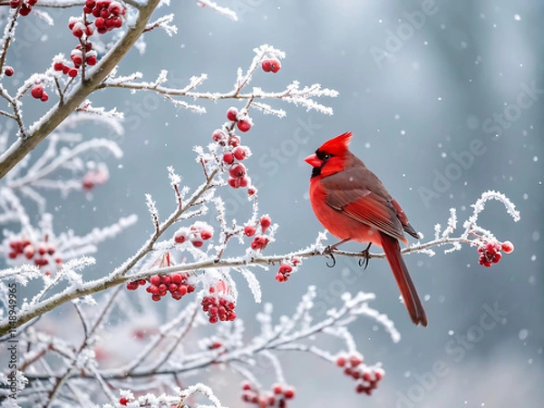 Fototapeta Red cardinal bird on a frosty tree branch with snow red berries in winter, Holiday and Christmas web banner with copy space