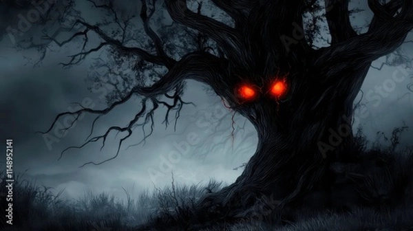 Fototapeta Spooky tree with glowing red eyes in a dark forest at night.