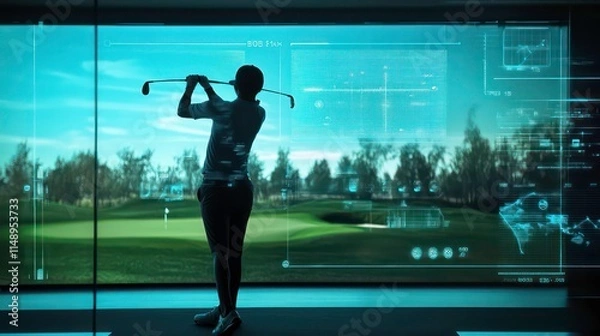 Fototapeta Golfer practicing swing indoors, large screen displays golf course and data.