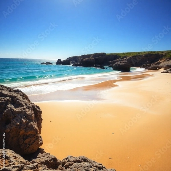 Obraz The beach scene is illuminated by strong, hard light creating harsh shadows and balanced complimentary colors.  Contrasting colors are emphasized