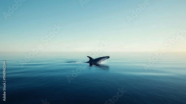 Fototapeta Majestic whale breaching the tranquil ocean waters at dawn