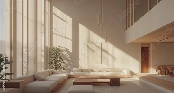 Fototapeta Modern interior japandi style design livingroom. Lighting and sunny scandinavian apartment with plaster and wood. 3d render illustration.