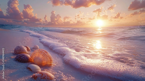 Fototapeta A captivating scene of a tranquil beach at sunrise, where gentle waves lap against the shore, and the sky is painted in soft pastels, with seashells scattered along the sand.