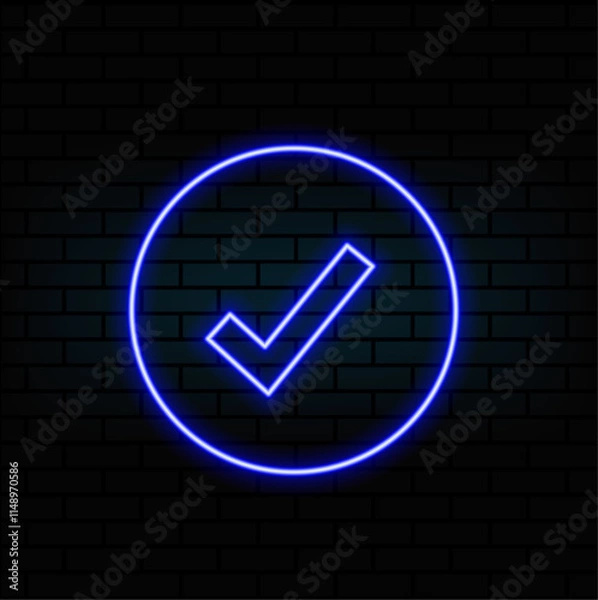 Fototapeta Green check mark Neon Sign Vector. Check list button neon signboard, design template, modern trend design, night neon signboard, light banner. Vector illustration,black background