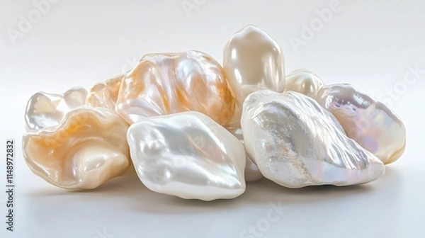 Fototapeta Realistic display of a cluster of baroque pearls with irregular shapes and varied colors, including white and cream