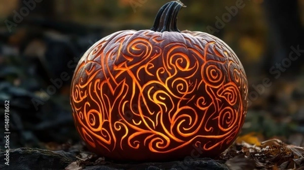Fototapeta Intricate carved Halloween pumpkin glowing in autumn leaves.